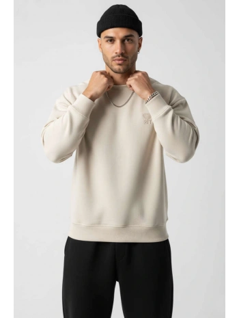 Erkek Owersize Önü Baskılı Düz Basic Sweatshirt- Krem