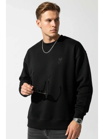 Erkek Owersize Önü Baskılı Düz Basic Sweatshirt- Siyah