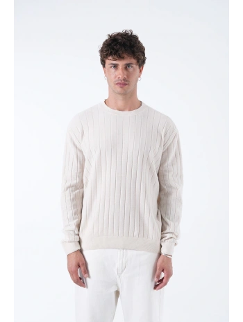 Erkek Owersize Önü Kendinden Çizgili Uzun Kol Triko - Beyaz