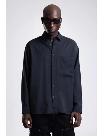 Erkek Owersize UzunKol Cepli Pamuklu Gömlek- Siyah