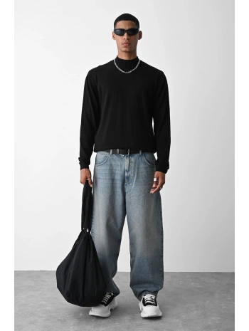 Erkek Owersize Yarım Balıkçı Triko Kazak - Siyah