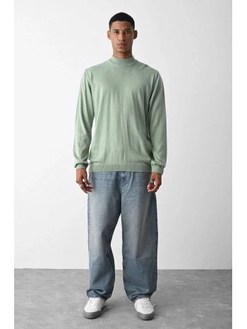 Erkek Owersize Yarım Balıkçı Triko Kazak - Su Yeşil