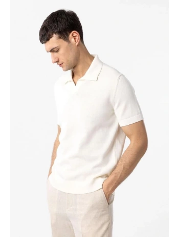 Erkek Polo Yaka Örme Kumaş Triko Thişört-Ecru