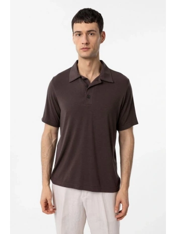 Erkek Polo Yaka Örme Kumaş Triko Thişört-Kahverengi