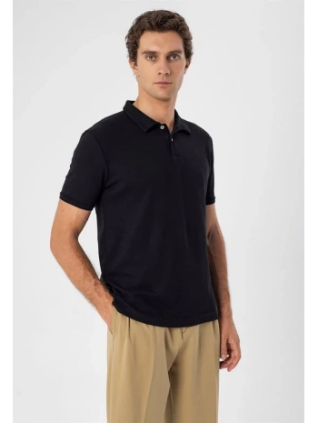 Erkek Polo Yaka Örme Kumaş Triko Thişört-Siyah