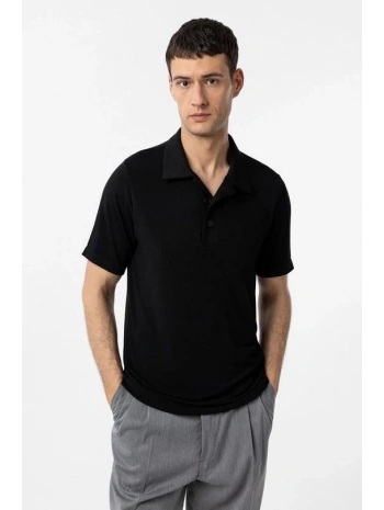 Erkek Polo Yaka Örme Kumaş Triko Thişört-Siyah