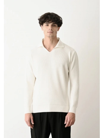 Erkek Polo Yaka Uzun Kol Örme Triko - Beyaz