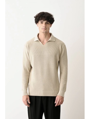 Erkek Polo Yaka Uzun Kol Örme Triko - Krem