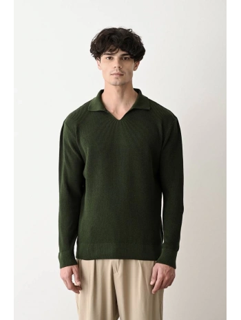Erkek Polo Yaka Uzun Kol Örme Triko - Yeşil