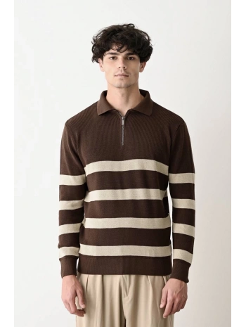 Erkek Polo Yaka Yakası Fermuarlı Uzun Kol Çizgili Triko - Kahverengi-Krem