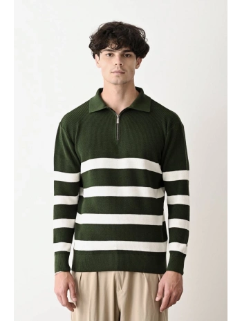 Erkek Polo Yaka Yakası Fermuarlı Uzun Kol Çizgili Triko - Yeşil
