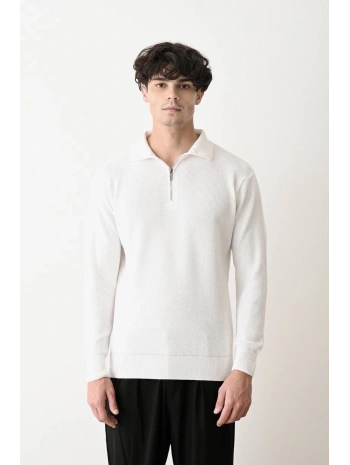 Erkek Polo Yaka Yakası Fermuarlı Uzun Kol Örme Triko - Beyaz