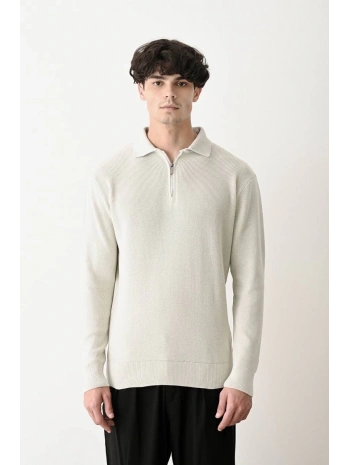 Erkek Polo Yaka Yakası Fermuarlı Uzun Kol Örme Triko - Gri