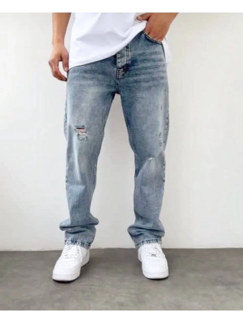 Erkek Rahat Kalıp Baggy Kar Yıkama Yırtık Kot Pantolon - Mavi