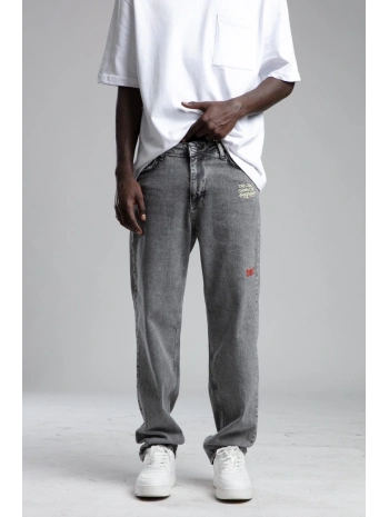 Erkek Rahat Kalıp Nakışlı Bagy Kot Pantolon -Gri