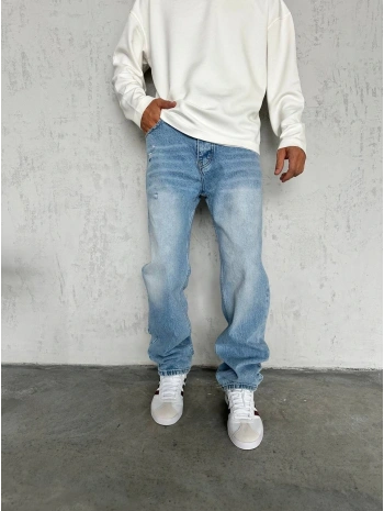 Erkek Rahat Kalıp Taşlamalı Baggy Kot Pantolon - A Mavi