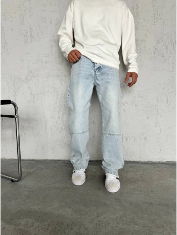 Erkek Rahat Kalıp Taşlamalı Kar Yıkamalı Baggy Kot Pantolon - A Mavi