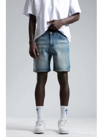 Erkek Rahat Kesim Taşlamalı Kot Şort - Mavi