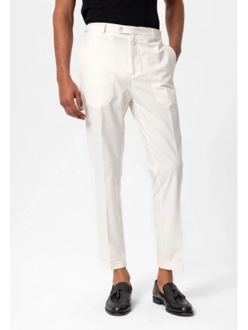 Erkek Yanı Tokalı Double Paça Kumaş Pantolon- Beyaz