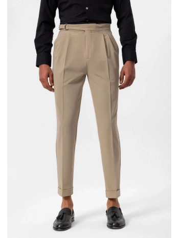 Erkek Yüksek Bel Pileli Tokalı Kumaş Pantolon- Bej