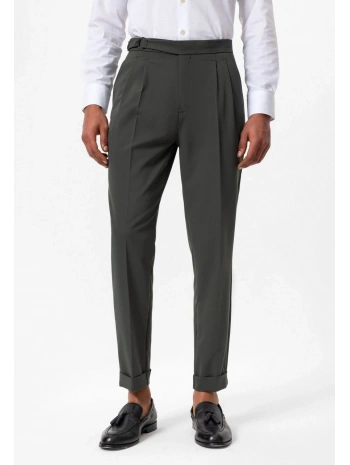 Erkek Yüksek Bel Pileli Tokalı Kumaş Pantolon- Yeşil