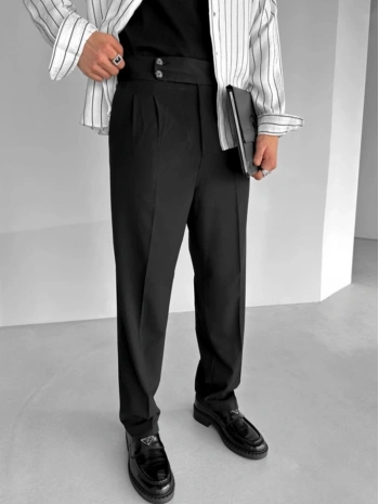 Erkek Yüksek Bel Rahat Kesim Pileli Pantolon-Siyah