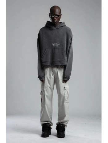 Owersize Arkası 03 Baskılı Kapüşonlu Yıkamalı Sweatshirt -Füme