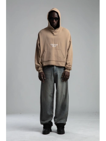 Owersize Arkası 03 Baskılı Kapüşonlu Yıkamalı Sweatshirt -Kremrengi