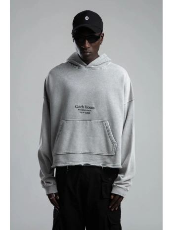 Owersize Baskılı Bisiklet Yaka Kapüşonlu Yıkamalı Sweatshirt -Gri