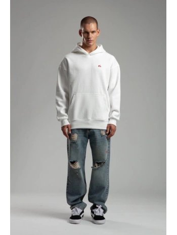 Owersize İçi Şardonlu Kapüşonlu Baskılı Sweatshirt -Beyaz