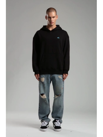 Owersize İçi Şardonlu Kapüşonlu Baskılı Sweatshirt -Siyah