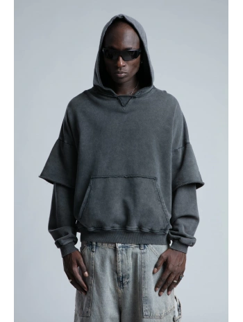 Owersize Kapüşonlu Yıkamalı Sweatshirt -Füme