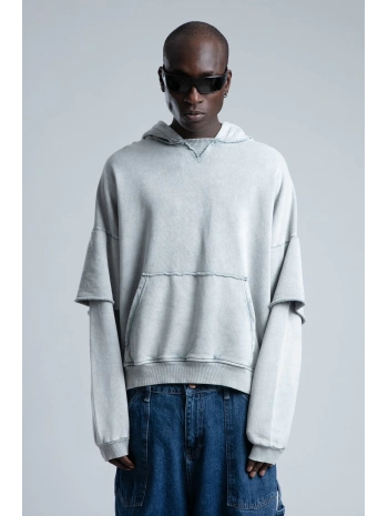 Owersize Kapüşonlu Yıkamalı Sweatshirt -Gri