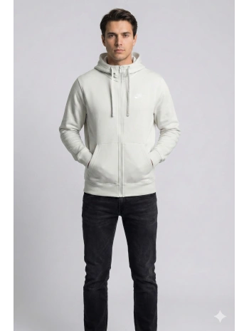 Erkek Normal Kalıp Tam Fermuarlı Kapüşonlü İki İplik Marka Sweatshirt -Gri