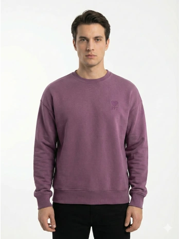 Erkek Owersize Önü Baskılı Düz Basic Sweatshirt- Mor