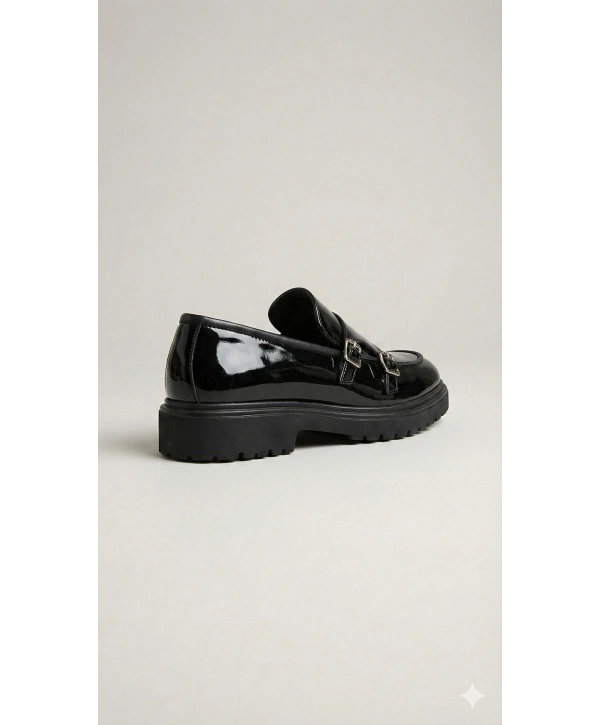 Erkek Eva Taban Bağcıksız Tokalı Klasik Rugan Ayakkabı- Siyah