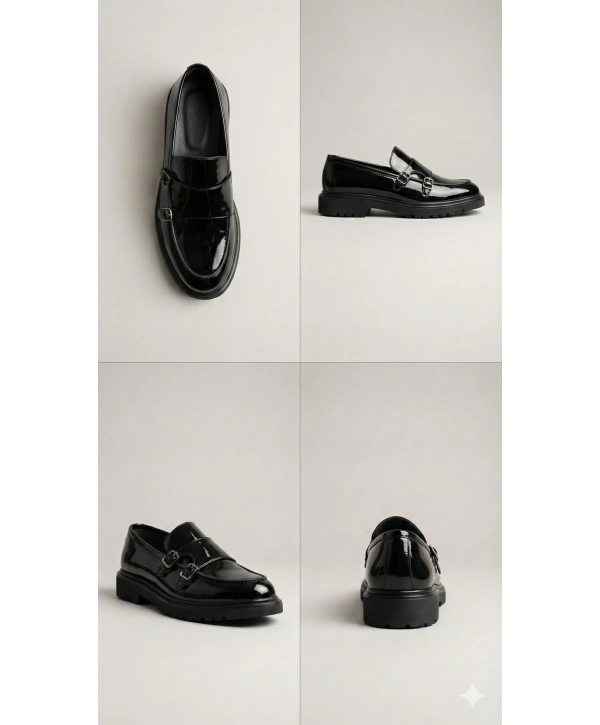 Erkek Eva Taban Bağcıksız Tokalı Klasik Rugan Ayakkabı- Siyah