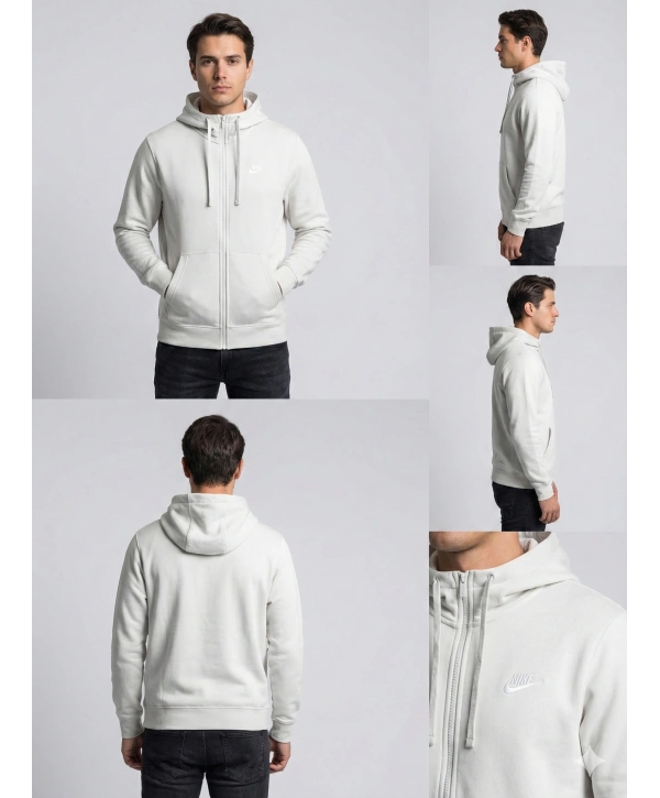 Erkek Normal Kalıp Tam Fermuarlı Kapüşonlü İki İplik Marka Sweatshirt -Gri