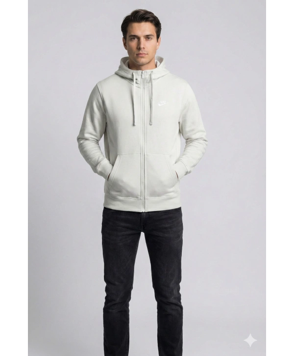 Erkek Normal Kalıp Tam Fermuarlı Kapüşonlü İki İplik Marka Sweatshirt -Gri