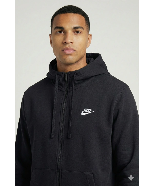 Erkek Normal Kalıp Tam Fermuarlı Kapüşonlü İki İplik Marka Sweatshirt -Siyah