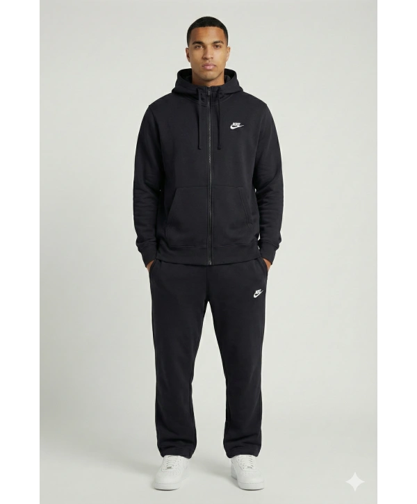 Erkek Normal Kalıp Tam Fermuarlı Kapüşonlü İki İplik Marka Sweatshirt -Siyah