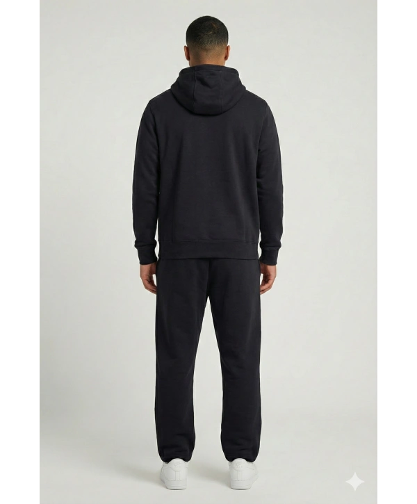 Erkek Normal Kalıp Tam Fermuarlı Kapüşonlü İki İplik Marka Sweatshirt -Siyah