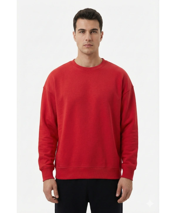 Erkek Owersize Önü Baskılı Düz Basic Sweatshirt- Kırmızı
