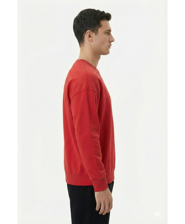 Erkek Owersize Önü Baskılı Düz Basic Sweatshirt- Kırmızı
