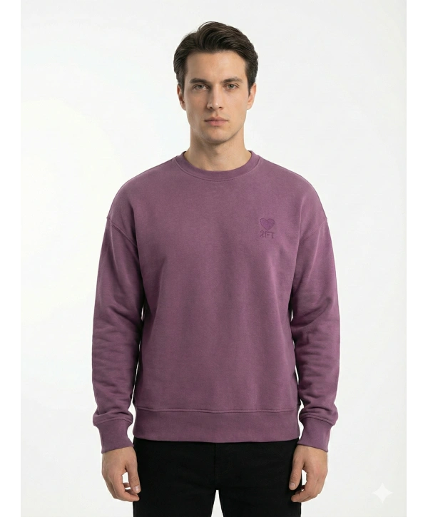 Erkek Owersize Önü Baskılı Düz Basic Sweatshirt- Mor