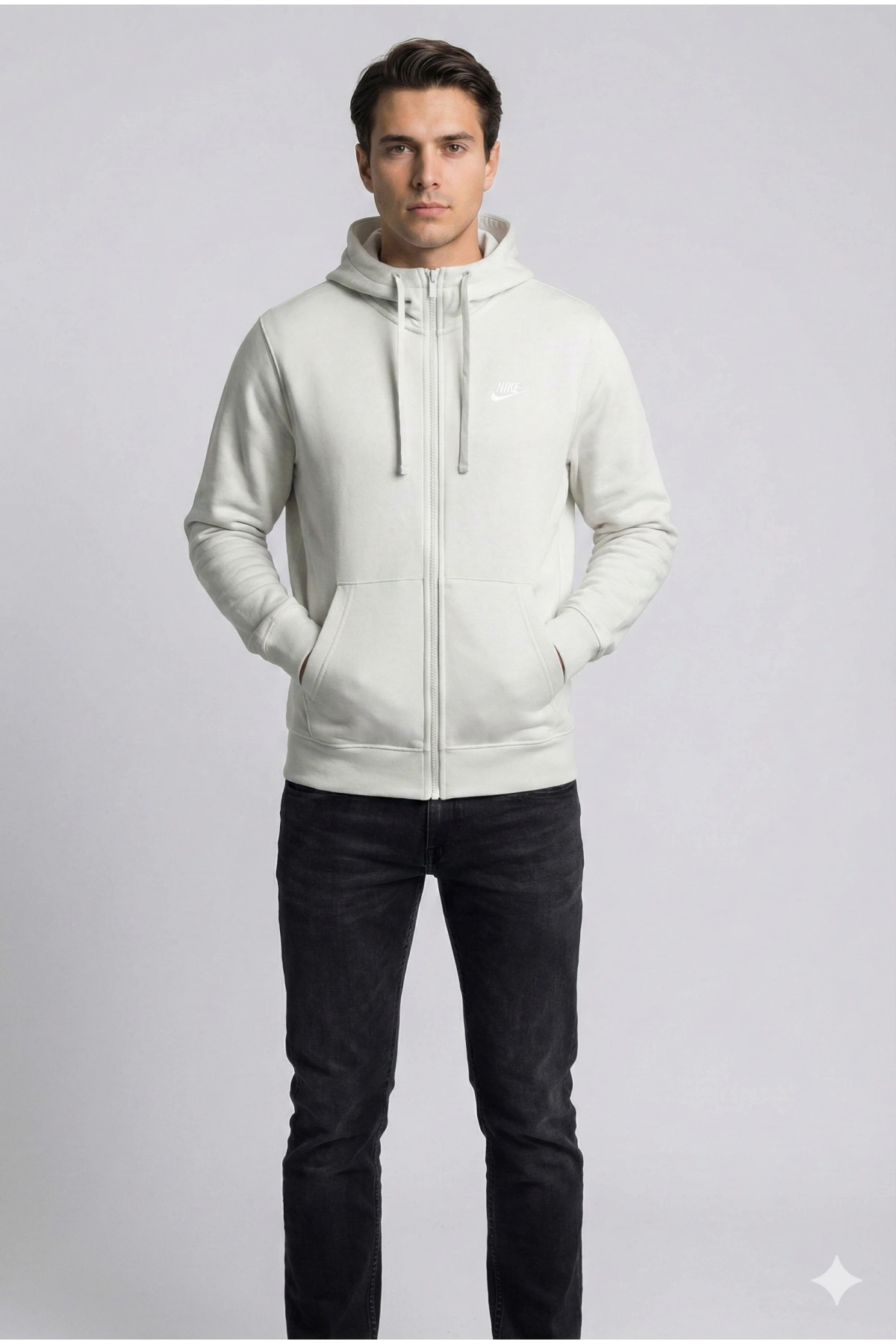 Erkek Normal Kalıp Tam Fermuarlı Kapüşonlü İki İplik Marka Sweatshirt -Gri