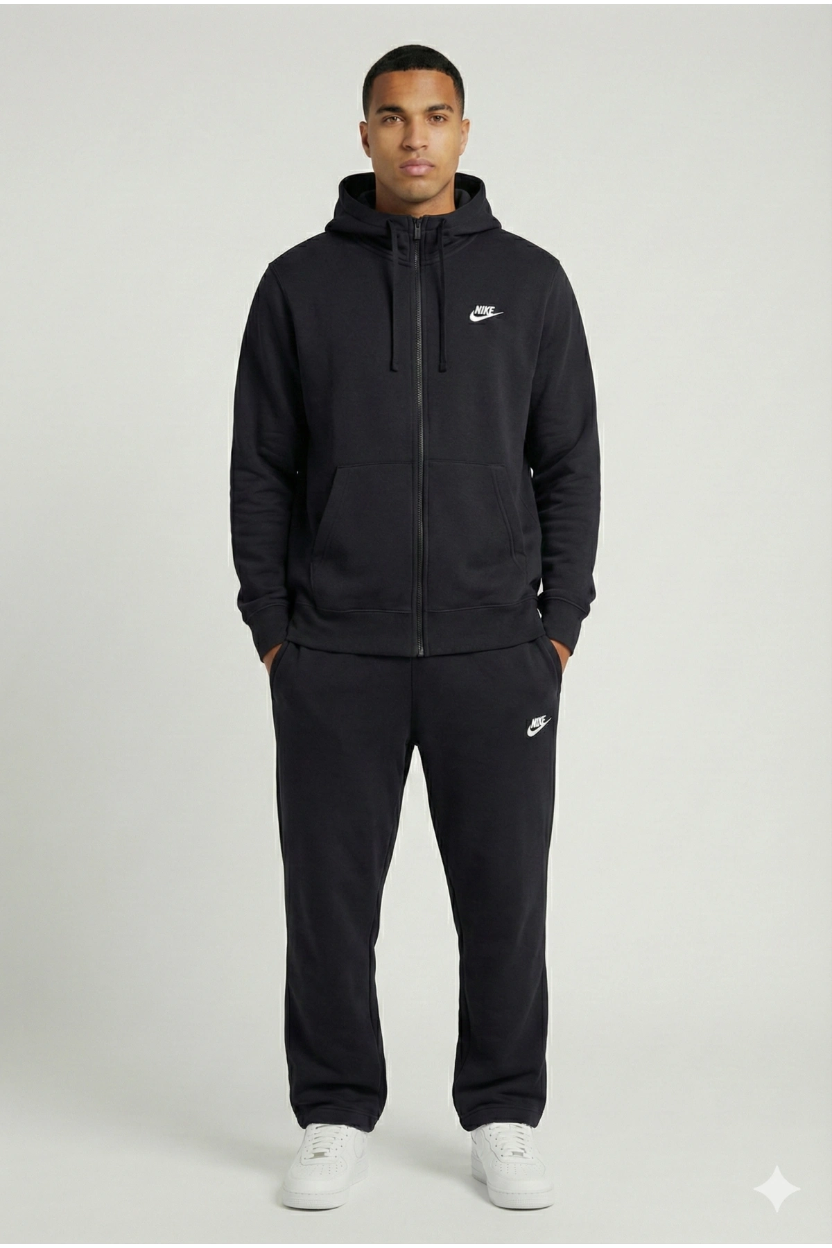 Erkek Normal Kalıp Tam Fermuarlı Kapüşonlü İki İplik Marka Sweatshirt -Siyah