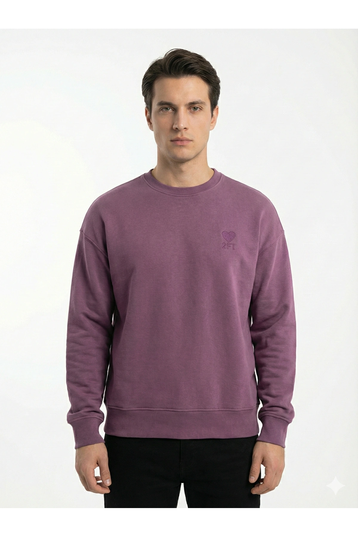 Erkek Owersize Önü Baskılı Düz Basic Sweatshirt- Mor