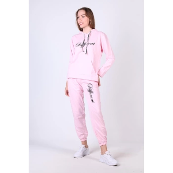 Kadın Kapüşonlu Baskılı Uzun Kollu Eşofman Takımı - Pembe