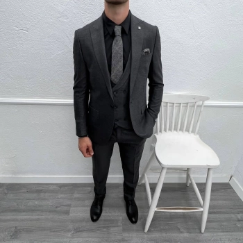 Erkek Dar Kesim Slimfit Yelekli Takımı Elbise-Füme